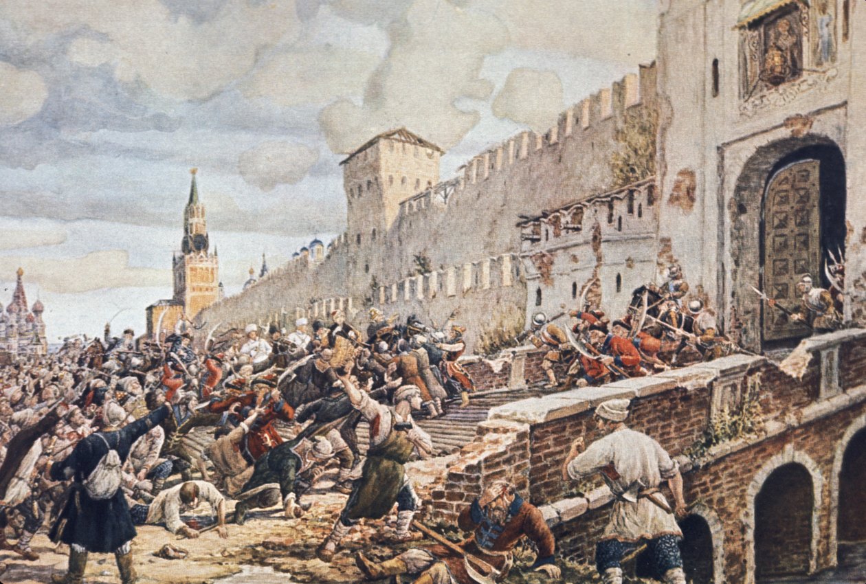 Talonpoikaisten kansannousu Moskovassa 1648, mellakka vastusti korruptoitunutta verotusta (erityisesti suolaa), elintarvikkeiden niukkuutta ja valuutan alentamista, mikä paisutti kulutustavaroita. tekijältä Unknown