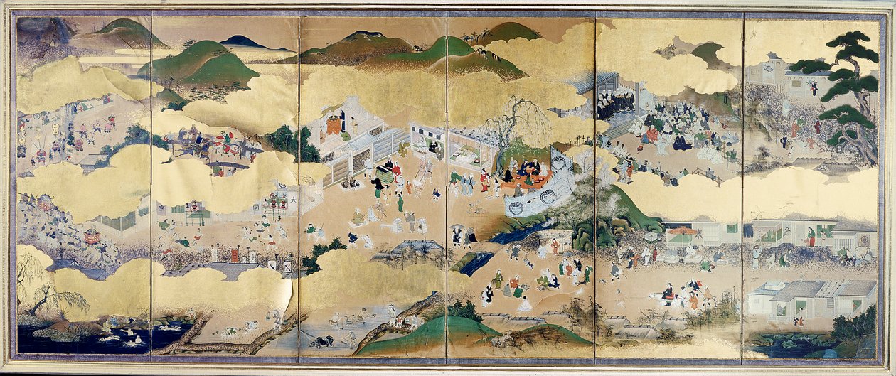 Kohtauksia kaupunkielämästä Bakufun aikana, Tosa-koulu, 1800 (kuusinkertaisesta kuvaruudusta), (yksityiskohdat ks. 67713), (värillinen puupiirros). tekijältä Unknown