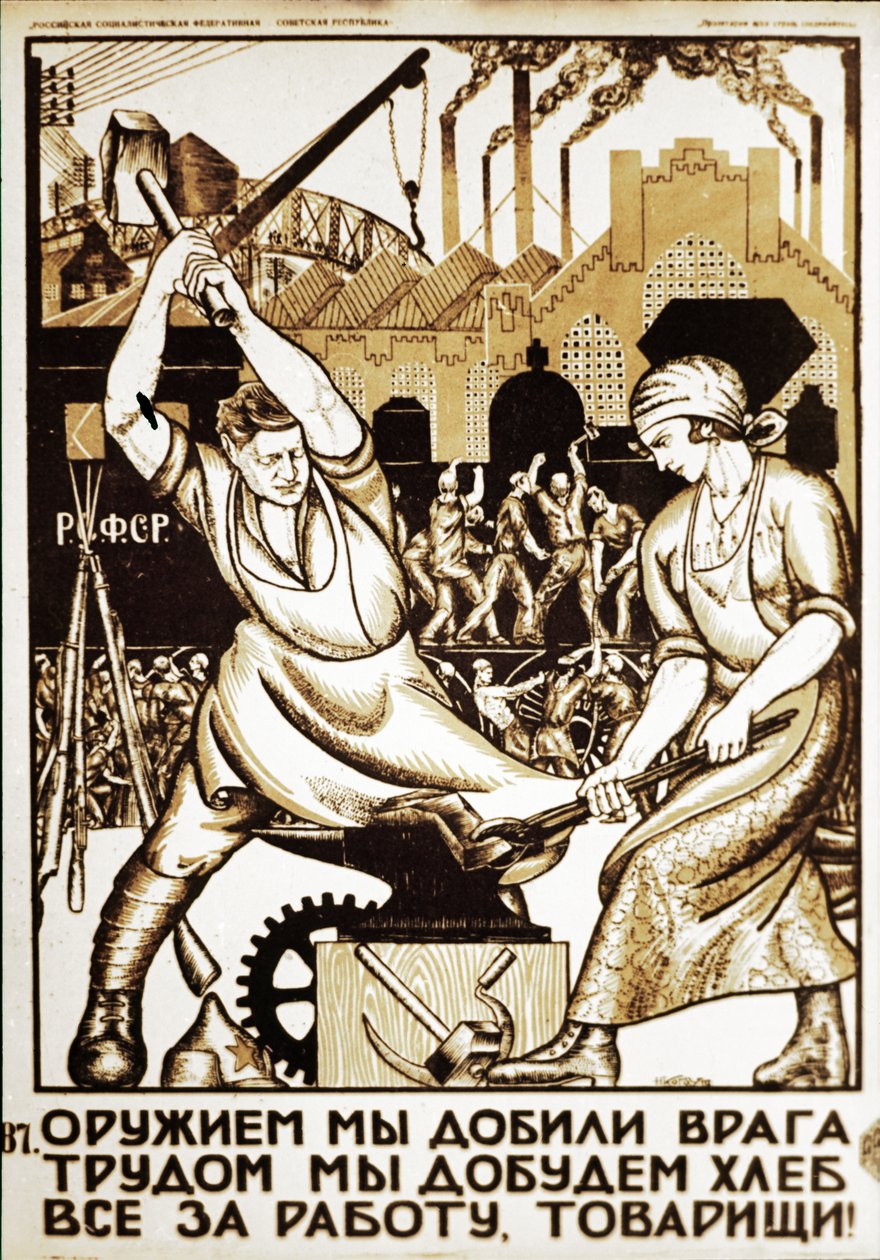 Neuvostoliiton propagandajuliste 1920-luvulta, asein voitimme vihollisen, kovalla työllä saamme leipää, kaikki työn puolesta, ystävät!. tekijältä Unknown