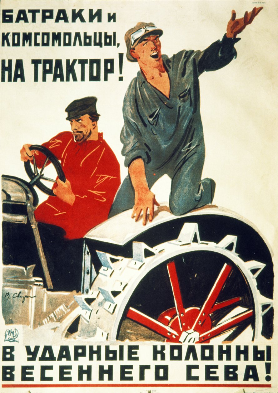 Neuvostoliiton propagandajuliste 1930-luvulta, päivätyöläiset ja nuoret kommunistit – Liity Tractor Shock Brigadeihin kevätkylvöä varten!. tekijältä Unknown
