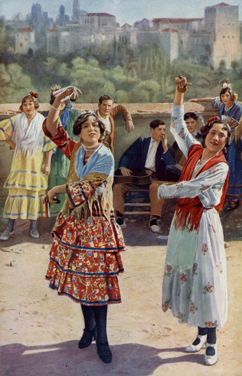 Espanja. Kilpailevat kastanneetit ja soivat kitarat säestävät Granadan nuorten mustalaistyttöjen rytmisiä tansseja. 1920 tekijältä Unknown