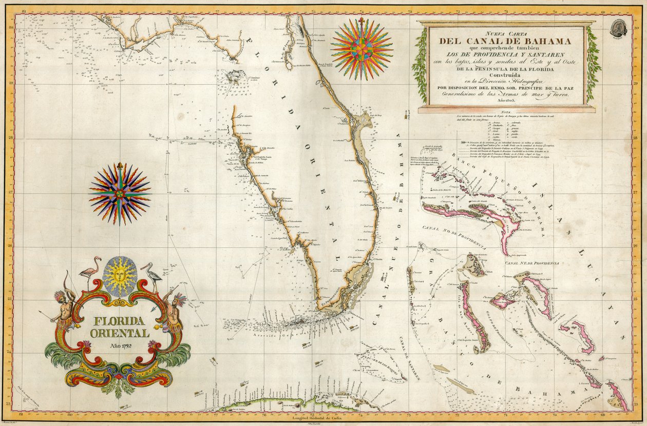Espanjalainen Floridan ja Bahaman kartta, 1805 (käsinvärinen kaiverrus) tekijältä Unknown