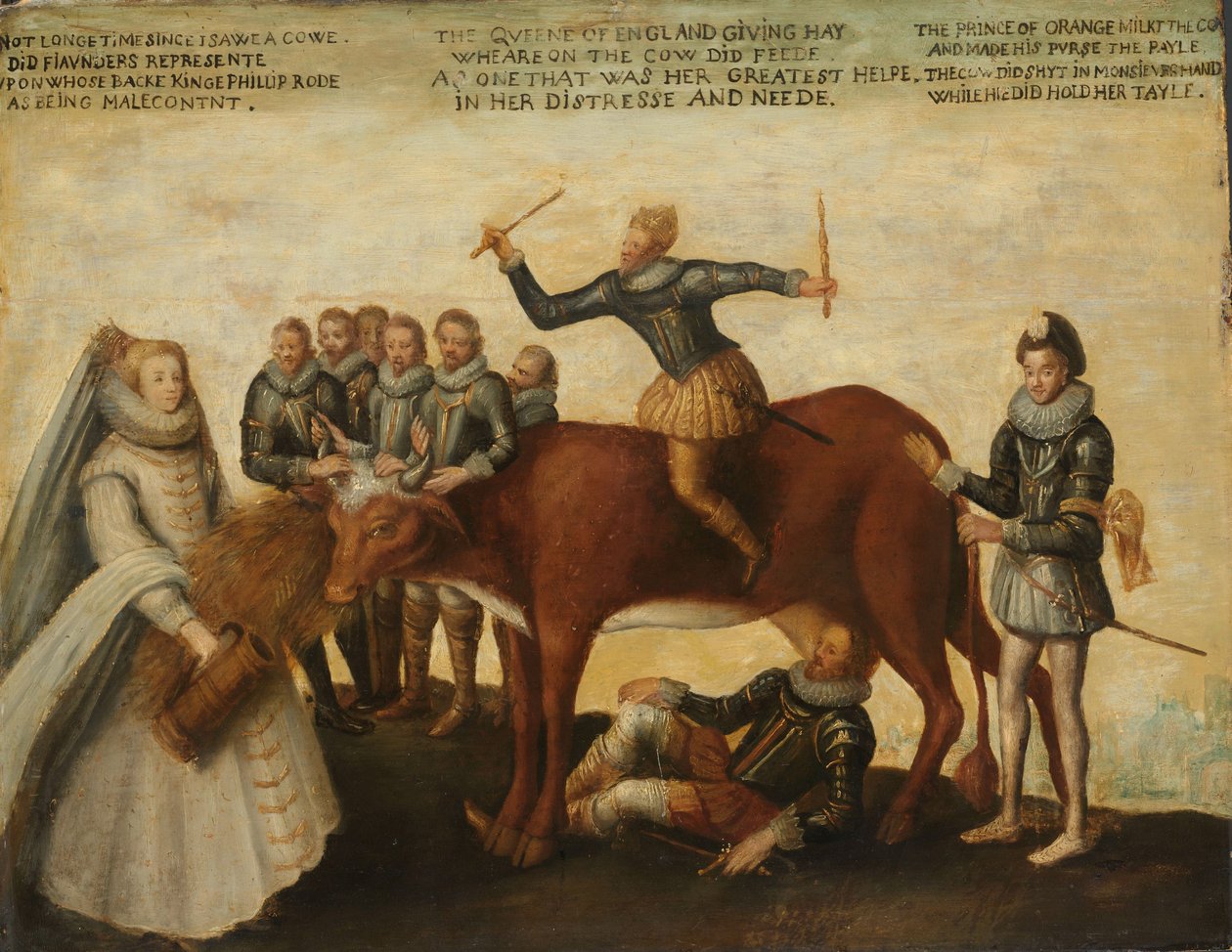 Lypsylehmä: Hollannin maakunnat, kapinoivat Espanjan kuningasta Philip II:ta vastaan, Orangen prinssi Williamin johtamia, osavaltioiden kenraaleja rukoilevat kuningatar Elisabet I:tä avun puolesta, n. 1633-39 tekijältä Unknown