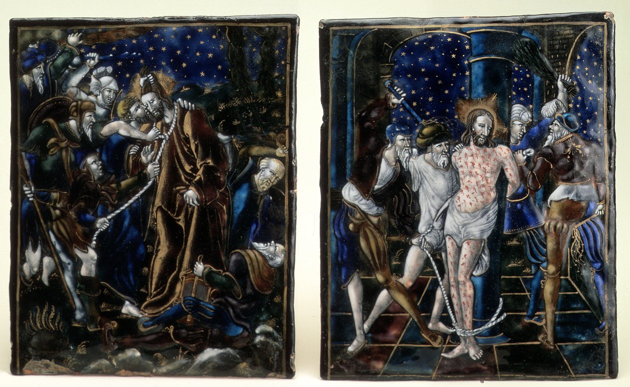 Juudaksen suudelma ja Kristuksen liputus: kaksi emaloitua taulua Passion of Our Lord -sarjasta, Limoges, 1500-luvun puoliväli tekijältä Unknown
