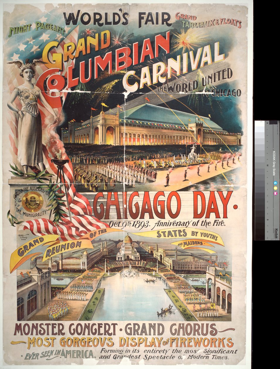 Chicago-päivän laaja mainonta Worlds Columbian Exposition -näyttelyssä Chicagon vuoden 1871 tulipalon muistoksi, 1893 tekijältä American Photographer