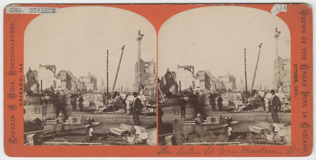 Stereografia Lake St.:stä Madison St. -kadulta Chicagon vuoden 1871 palon jälkeen tekijältä American Photographer