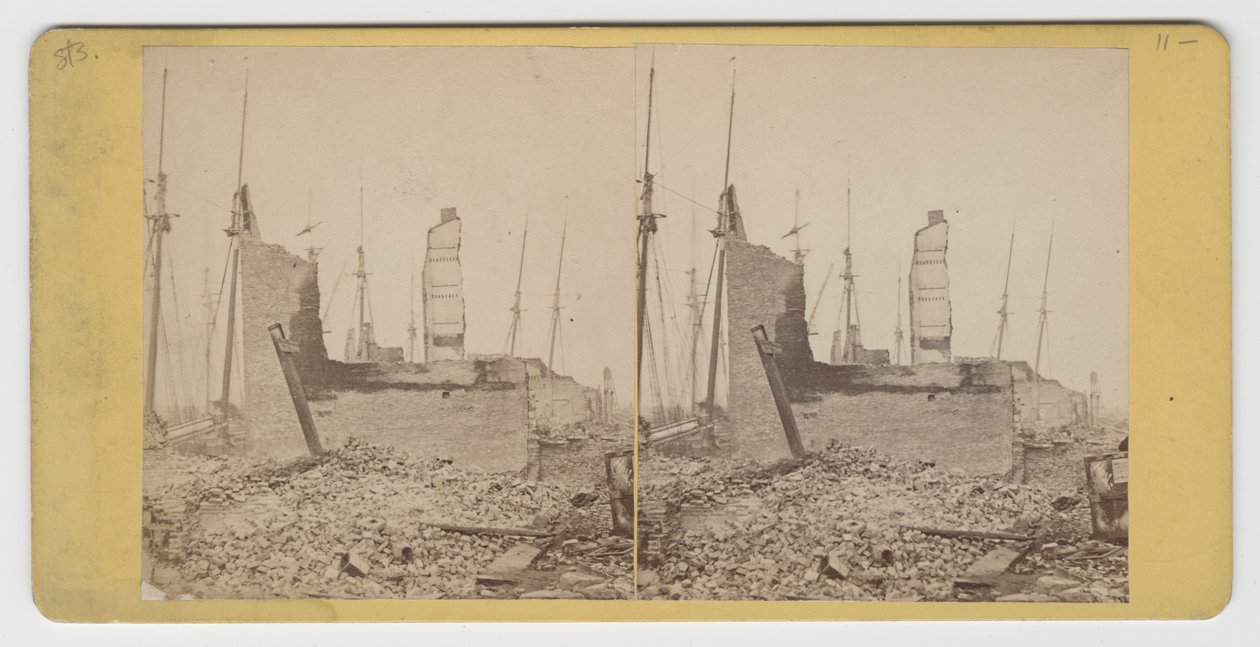 Stereografia South Water St.:stä Clarkin ja Wellsin välillä Chicagon vuoden 1871 palon jälkeen tekijältä American Photographer
