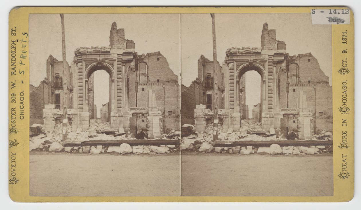 Stereografia Washington Streetin raunioista Chicagon palon 1871 jälkeen tekijältä American Photographer