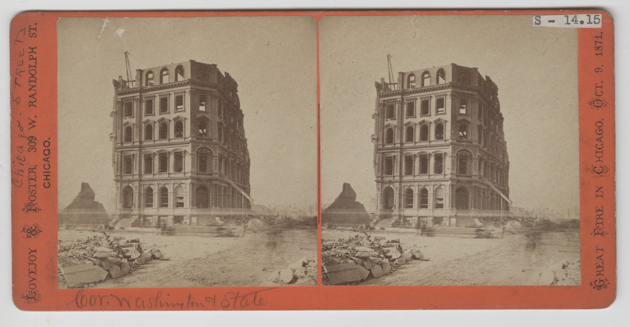 Stereografia ensimmäisestä kansallispankista Chicagon palon 1871 jälkeen tekijältä American Photographer