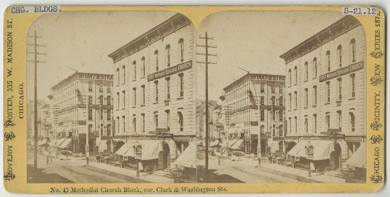 Stereografia näkymästä metodistikirkon lohkosta Clark ja Washington Streetin kulmassa Chicagossa, 1871 (bw-kuva korttitelineessä) tekijältä American Photographer
