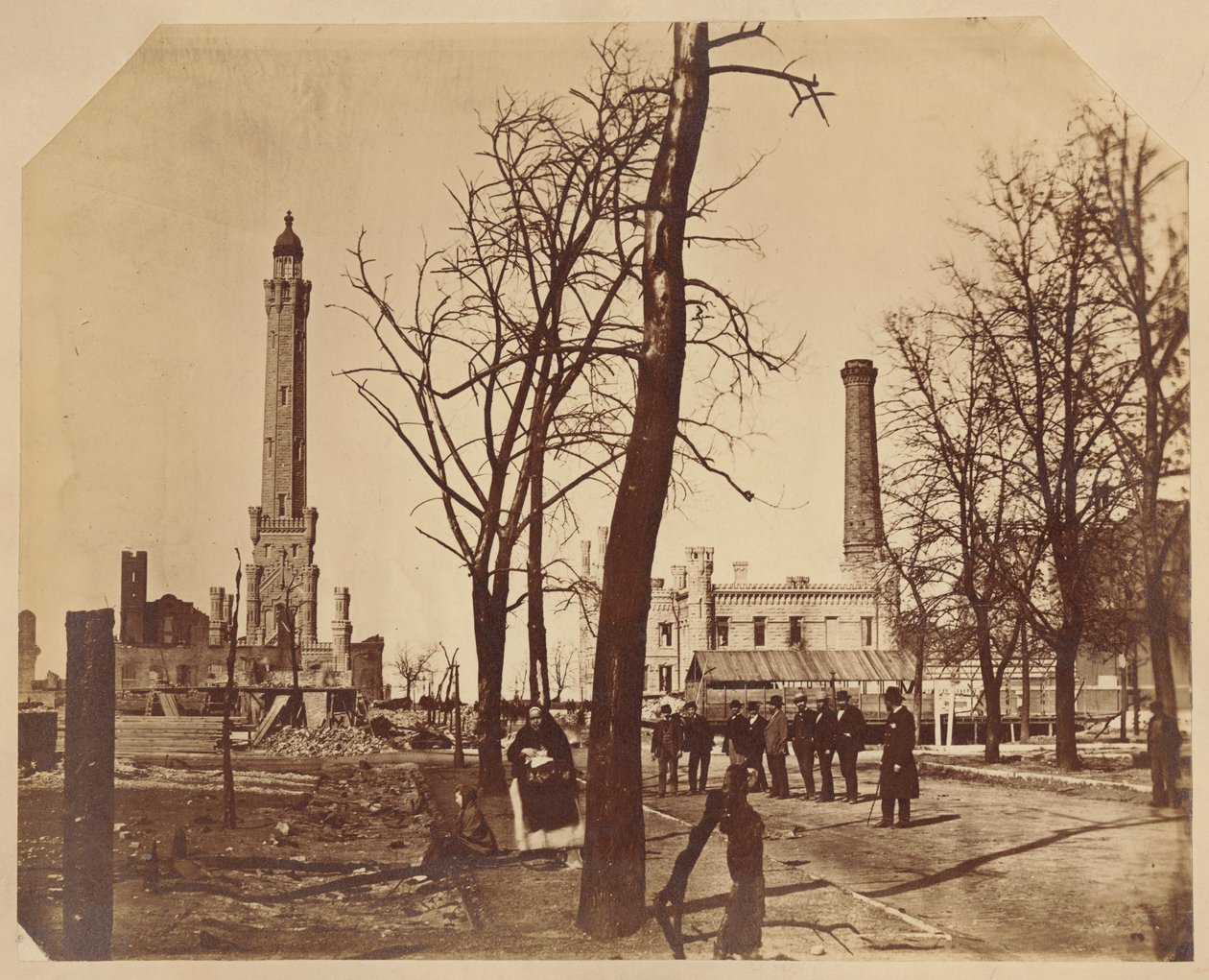 Stereografinäkymä Chicagon vesilaitoksesta Chicagon tulipalon jälkeen, 1871 tekijältä American Photographer