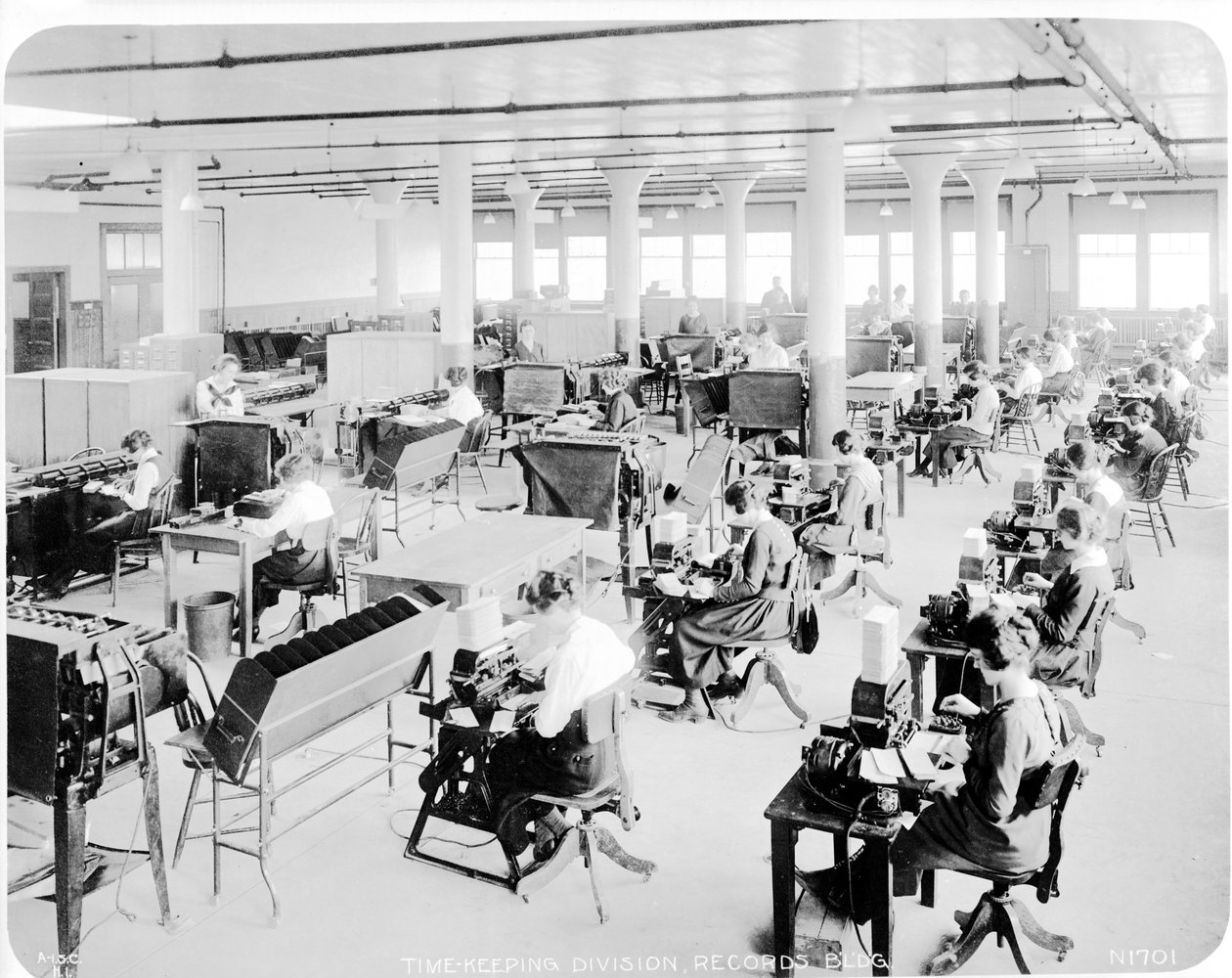 Kellonaikaosasto Hog Island Shipyardsilla Philadelphiassa, 1918 tekijältä American Photographer