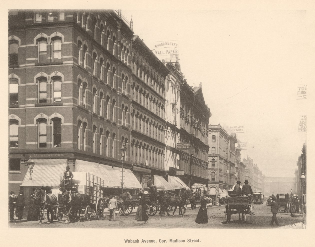 Näkymä Wabash Avenuen ja Madison St.:n kulmasta Chicagossa, 1889 tekijältä American Photographer