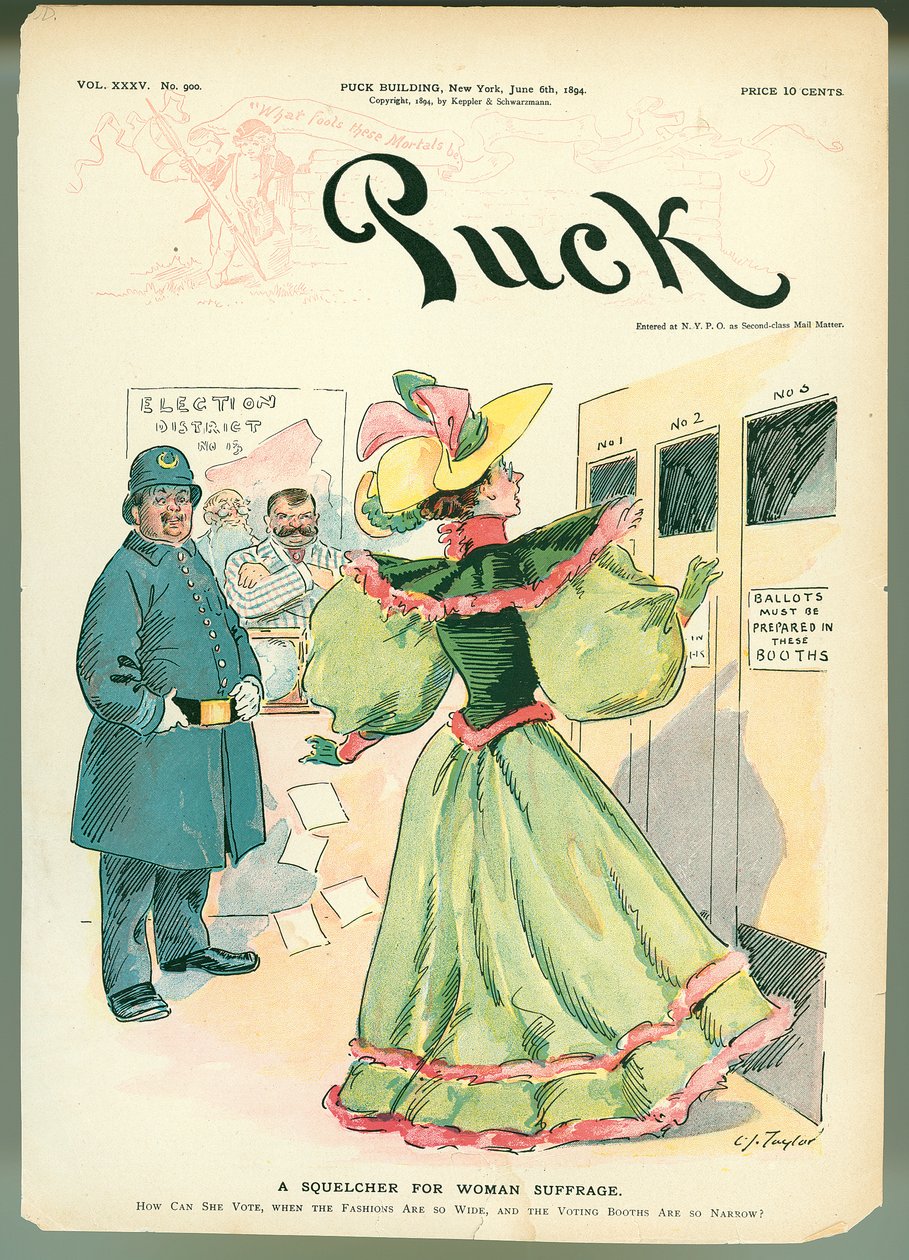 A Squelcher for Woman Suffrage, Puck-lehden kansikuva, 6. kesäkuuta 1894 tekijältä American School