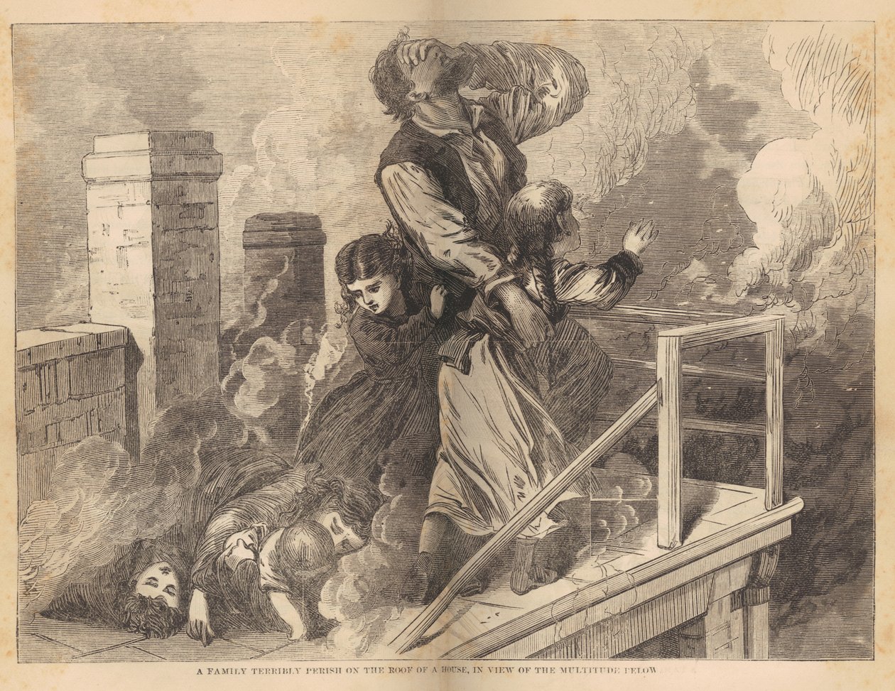 Perhe jäi loukkuun talon katolle Chicagon tulipalon aikana vuonna 1871, suurista paloista Chicagossa ja lännessä, pastori E. J. Goodspeed, n. 1871 (puukaiverrus) tekijältä American School