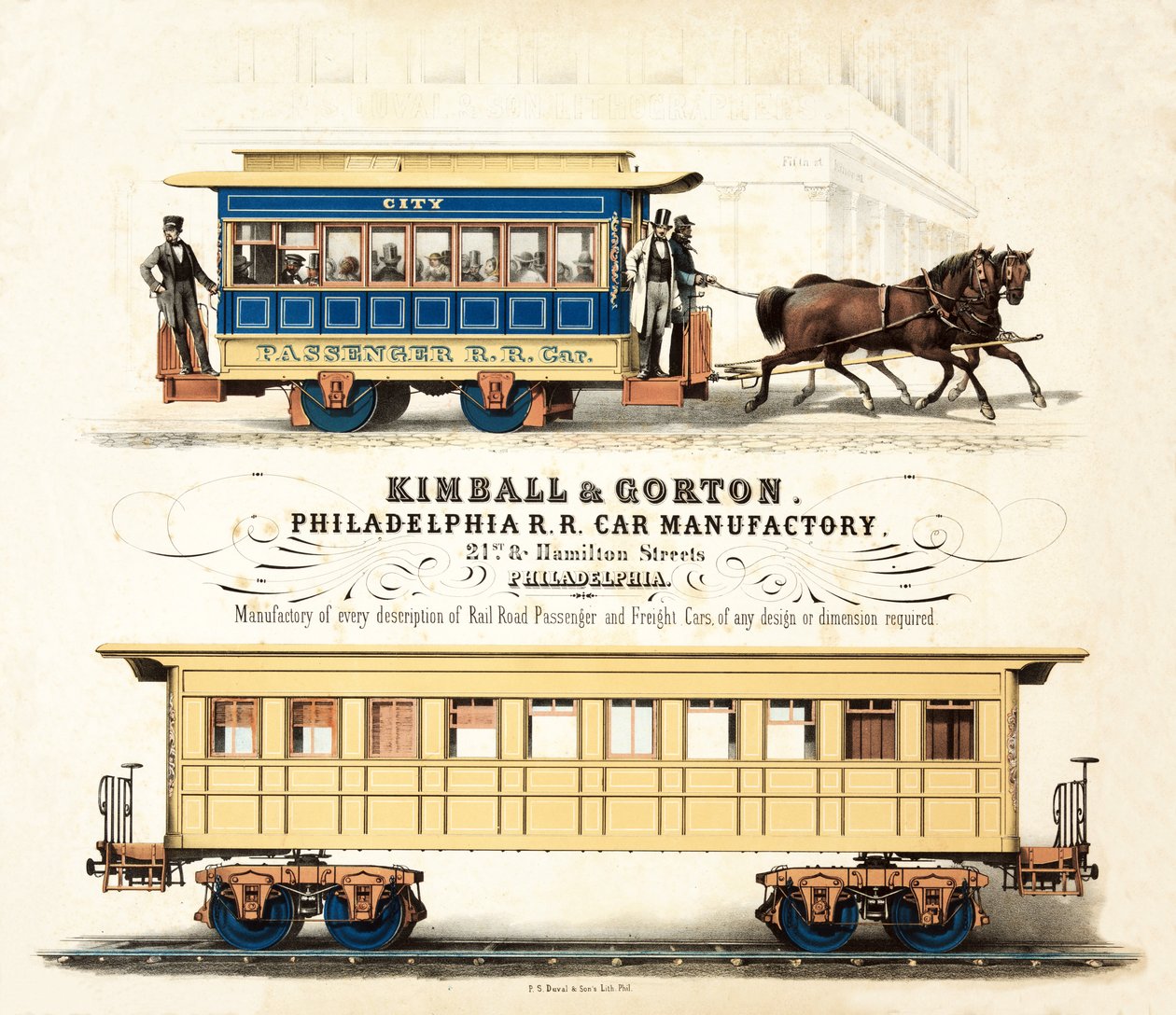Mainos Kimball & Gortonille, Philadelphia R.R. Car Manufactory, julkaistu noin 1857 tekijältä American School