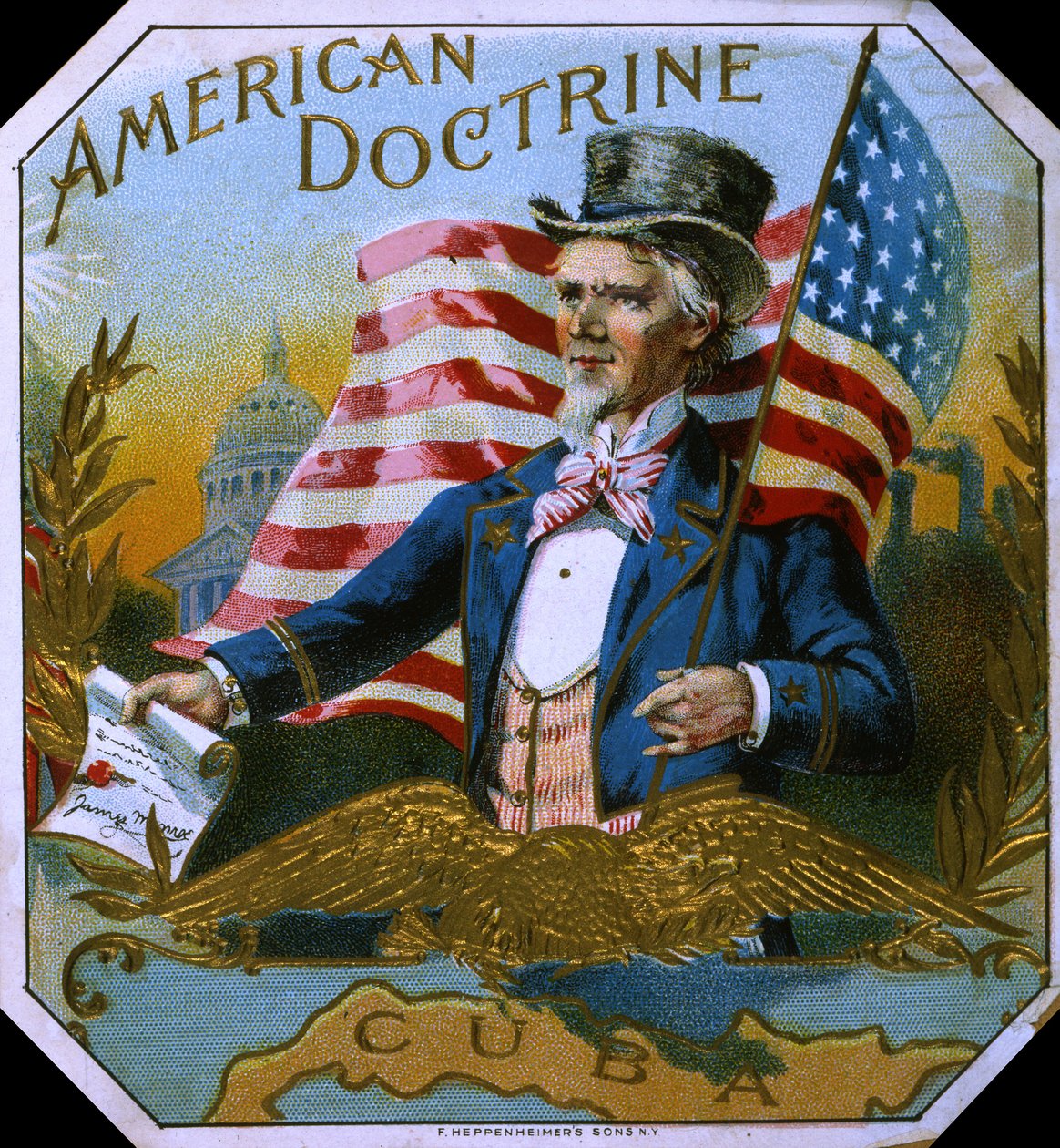 American Doctrine sikarilaatikon etiketti, noin 1890-luku tekijältä American School