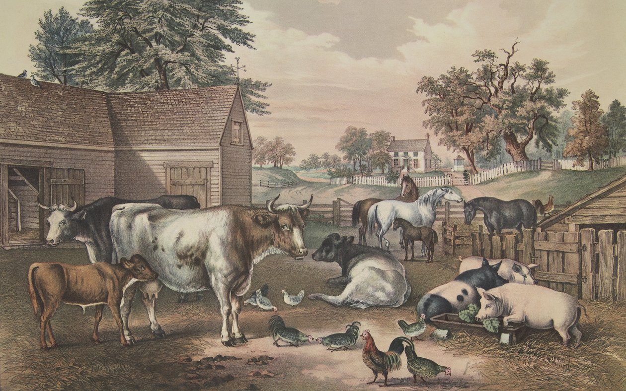 American Farm Yard - Ilta, pubi. 1857, Currier & Ives tekijältä American School
