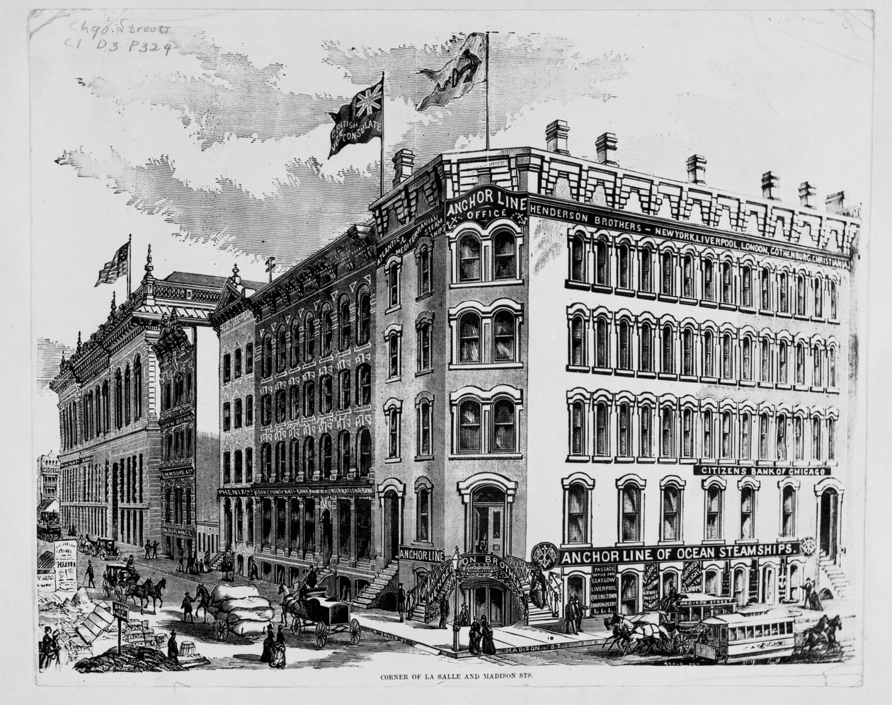 Anchor Linen toimisto LaSallen ja Madison Streetin kulmassa Chicagossa, n. 1875 (puukaiverrus) tekijältä American School