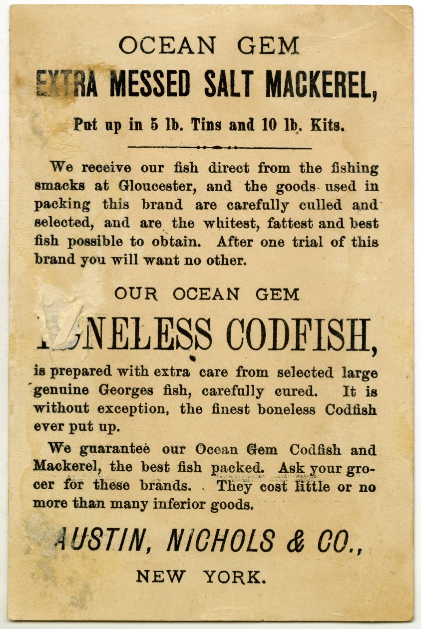 Austin, Nichols & Co. Ocean Gem Makrilli, kauppakortti päinvastoin. (litografia [kauppakortti]) tekijältä American School