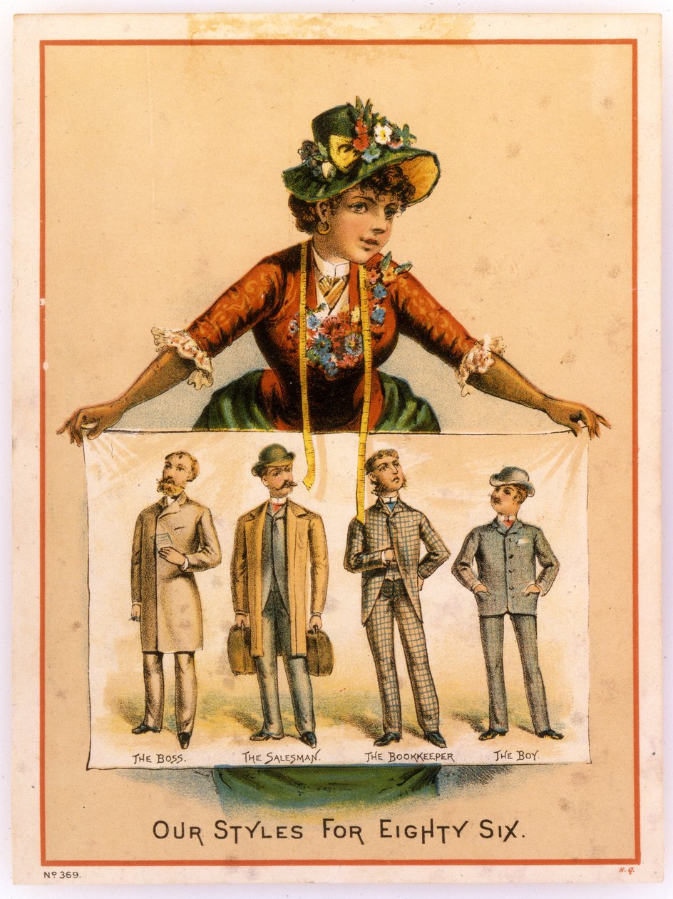 B. Rydill, Tyylimme 86:lle: Boss, The Salesman, The Bookkeeper, The Boy, 1886 (litografia [kauppakortti]) tekijältä American School