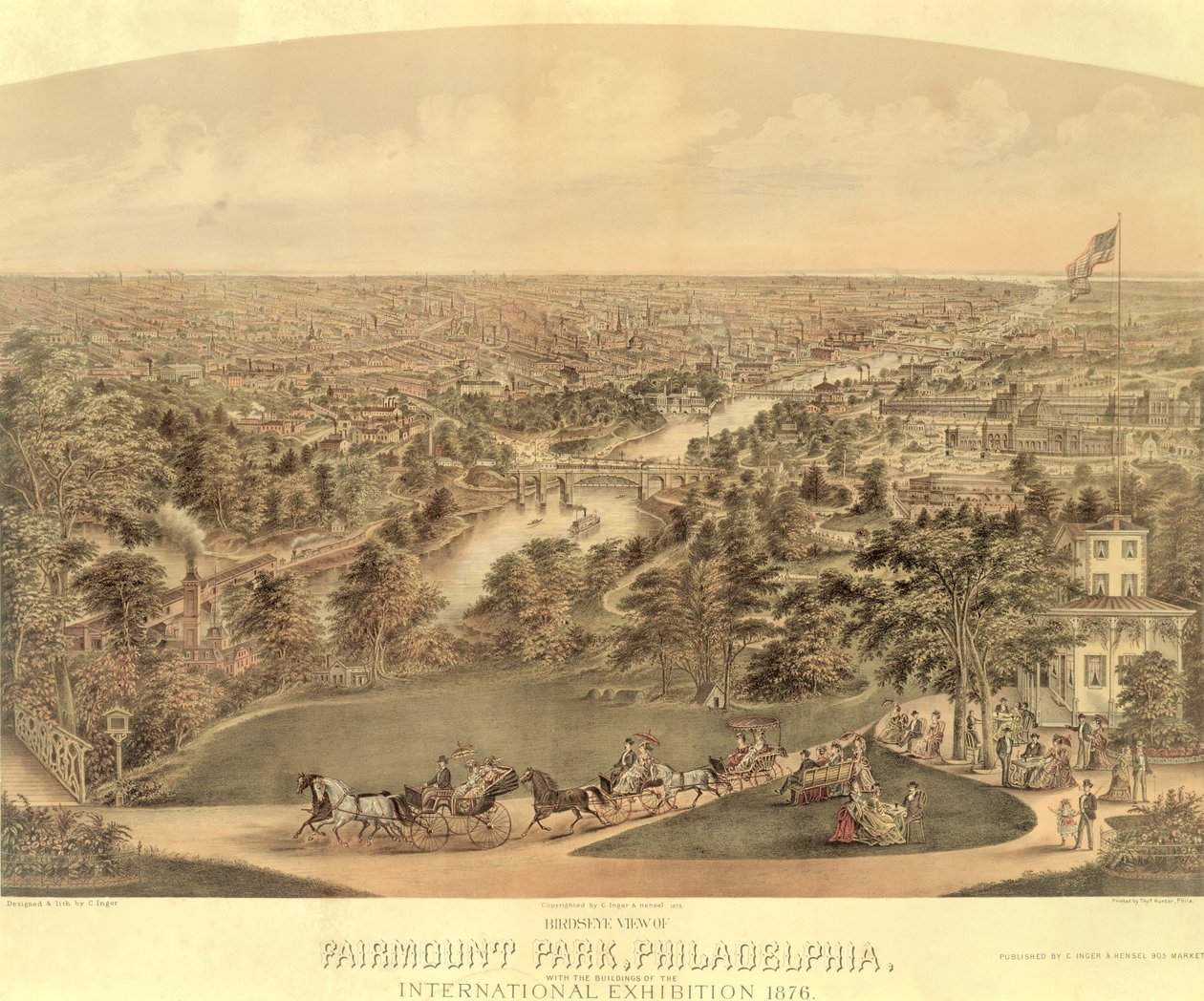 Lintuperspektiivistä Fairmount Park, Philadelphia, 1876 tekijältä American School