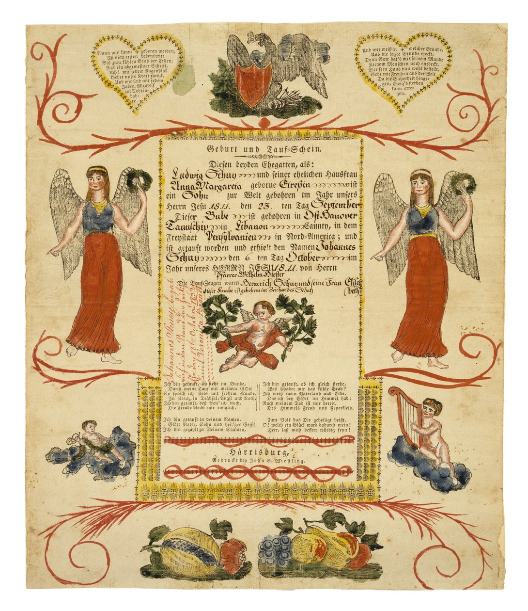 Syntymä- ja kastetodistus, n. 1828 (käsinvärinen puukaiverrus ladattuun paperiin) tekijältä American School
