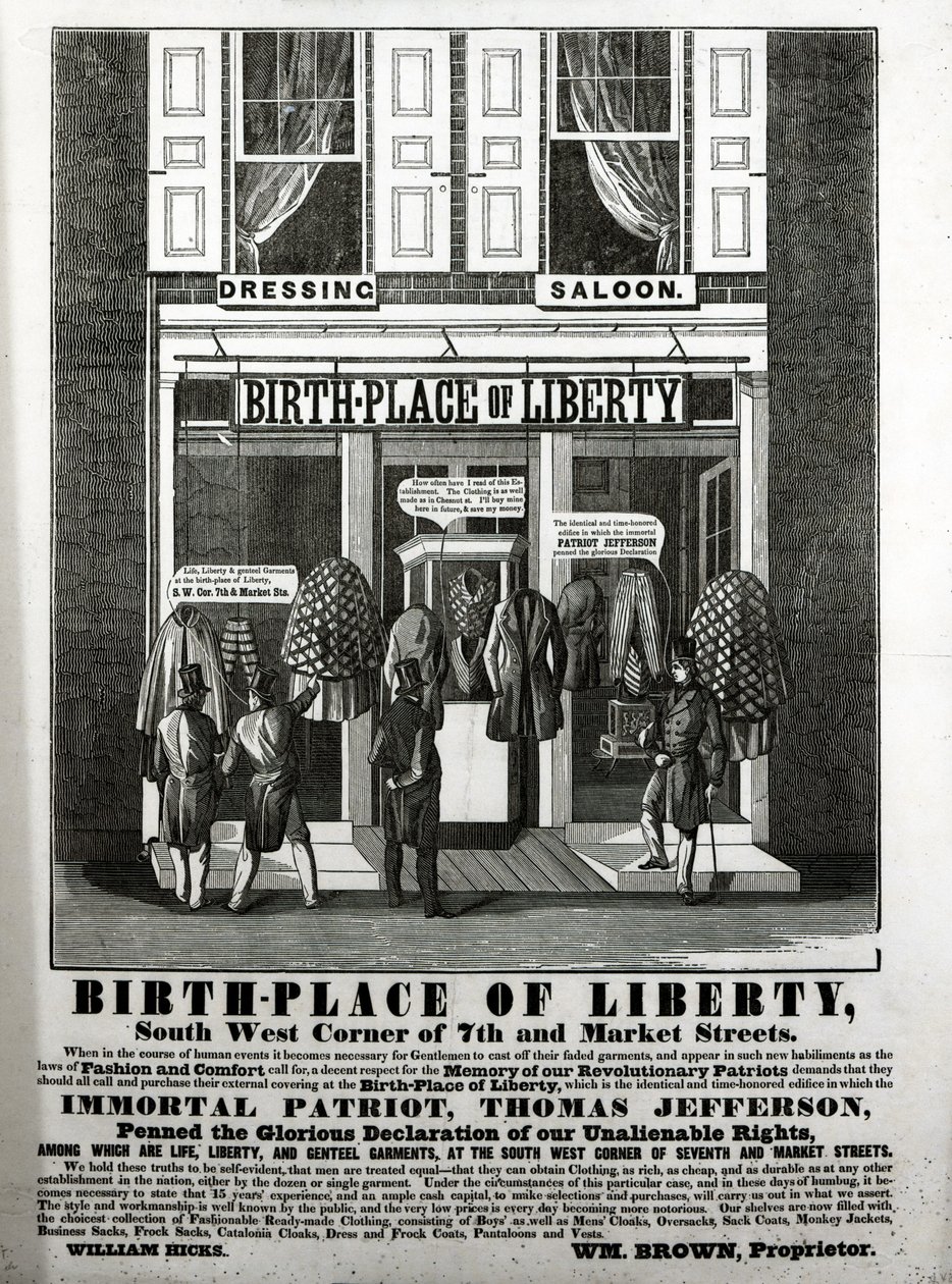 Birth-Place of Liberty Dressing Saloon, 7th and Market Streetin lounaiskulma... jossa kuolematon patriootti Thomas Jefferson kirjoitti loistavan julistuksen luovuttamattomista oikeuksistamme..., ( tekijältä American School
