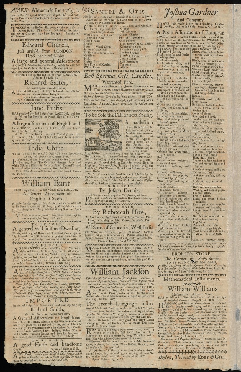 Boston Mainokset tavaroista, joihin sovelletaan tuontitulleja ja kaupparajoituksia, Boston Gazette and Country Journal, 7. marraskuuta 1768 tekijältä American School