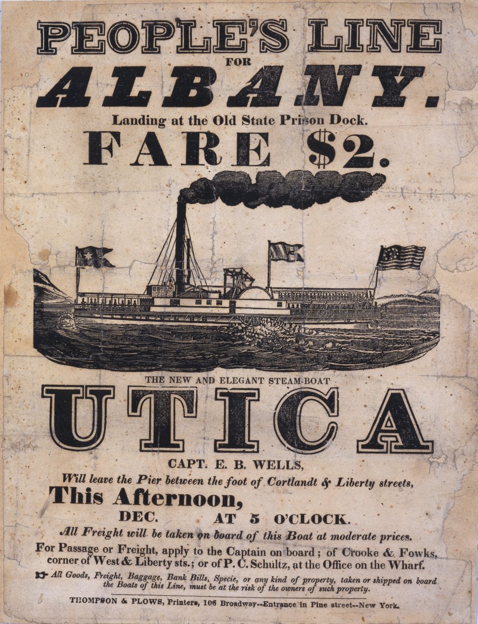 Laajasivuinen mainonta Peoples Line -mainospaikalle Albany, The New and Elegant Steamboat Utica (koopaino laajasivu) tekijältä American School