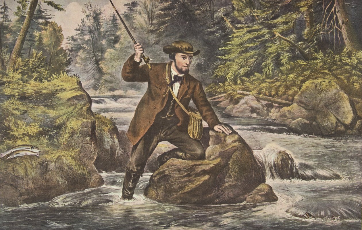 Purotaimenen kalastus, pub. 1862, Currier & Ives tekijältä American School