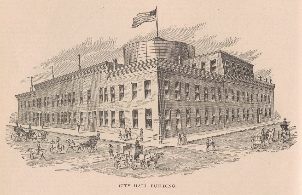 Kaupungintalorakennus, kuva julkaisusta History of Chicago, vol. 2, Alfred Theodore Andreas, julkaistu 1885 tekijältä American School