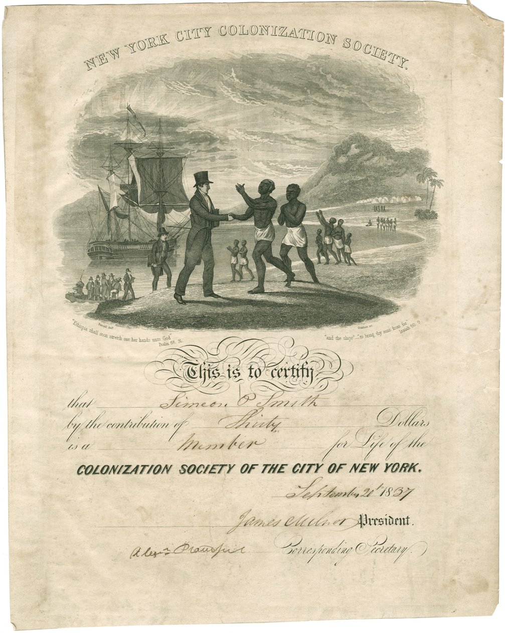 Colonization Societyn todistus Simeon P. Smithille, 1837 tekijältä American School