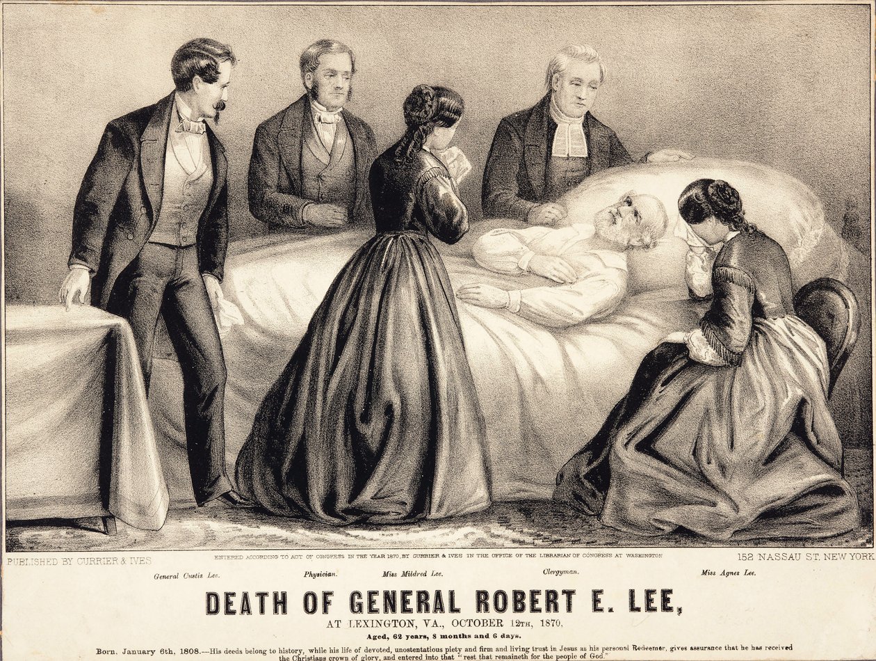 Kenraali Robert E. Lee kuoli Lexingtonissa, Virginiassa, 12. lokakuuta 1870, 62 vuotta, 8 kuukautta ja 6 päivää, pub.1870 tekijältä American School