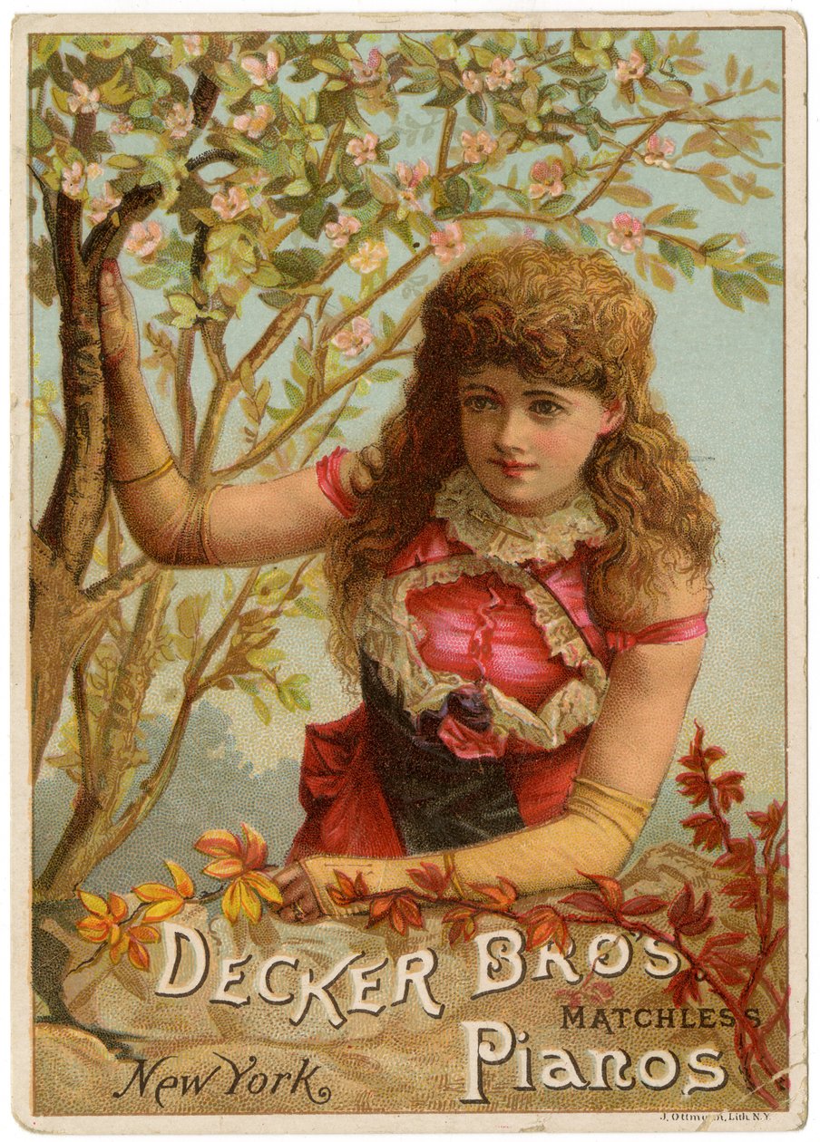 Decker Bros. Matchless Pianos, New York [kauppakortti recto] (värilitho [kauppakortti]) tekijältä American School