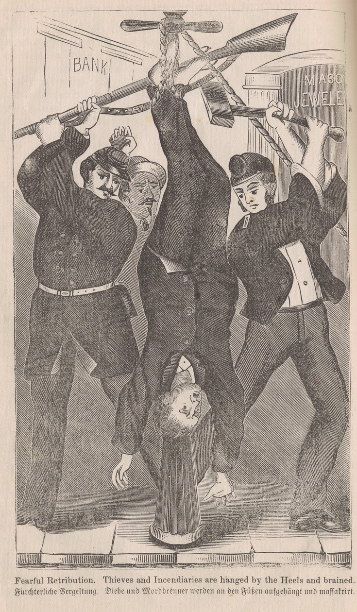Pelottava kosto, varkaita ja sytykkäitä hirtivät kantapäät ja aivot, George L. Barclayn teoksesta The Great Fires of Chicago, 1872 tekijältä American School