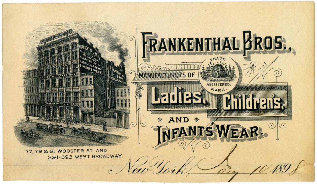 Frankenthal Bros., Manufacturers of Ladies, Children ja Infants Wear [kauppakortti], 1898 tekijältä American School