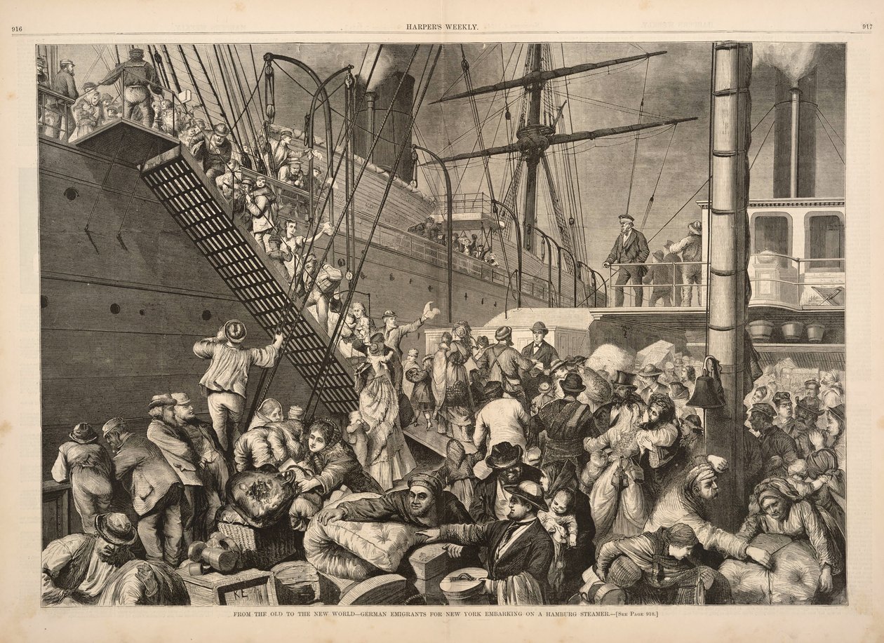 Vanhasta uuteen maailmaan - Saksalaiset emigrantit New Yorkiin nousemassa Hampurin höyrylaivaan, Harpers Weekly, pub.1874 tekijältä American School