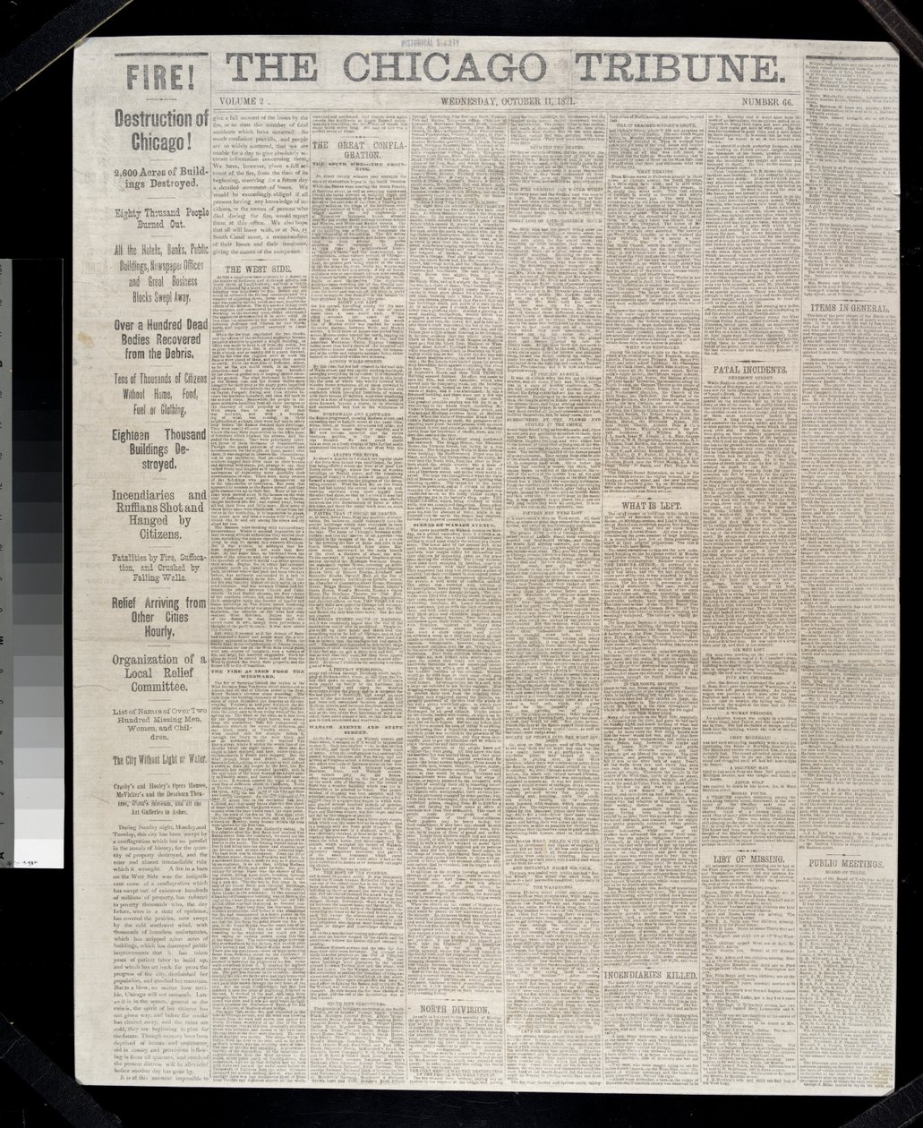 Chicago Tribunen etusivu koskien Chicagon paloa 1871, 1871 tekijältä American School