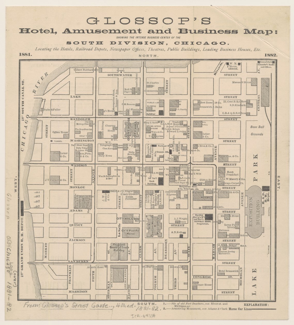 Glossops Hotel, huvi- ja yrityskartta, n. 1881-82 tekijältä American School