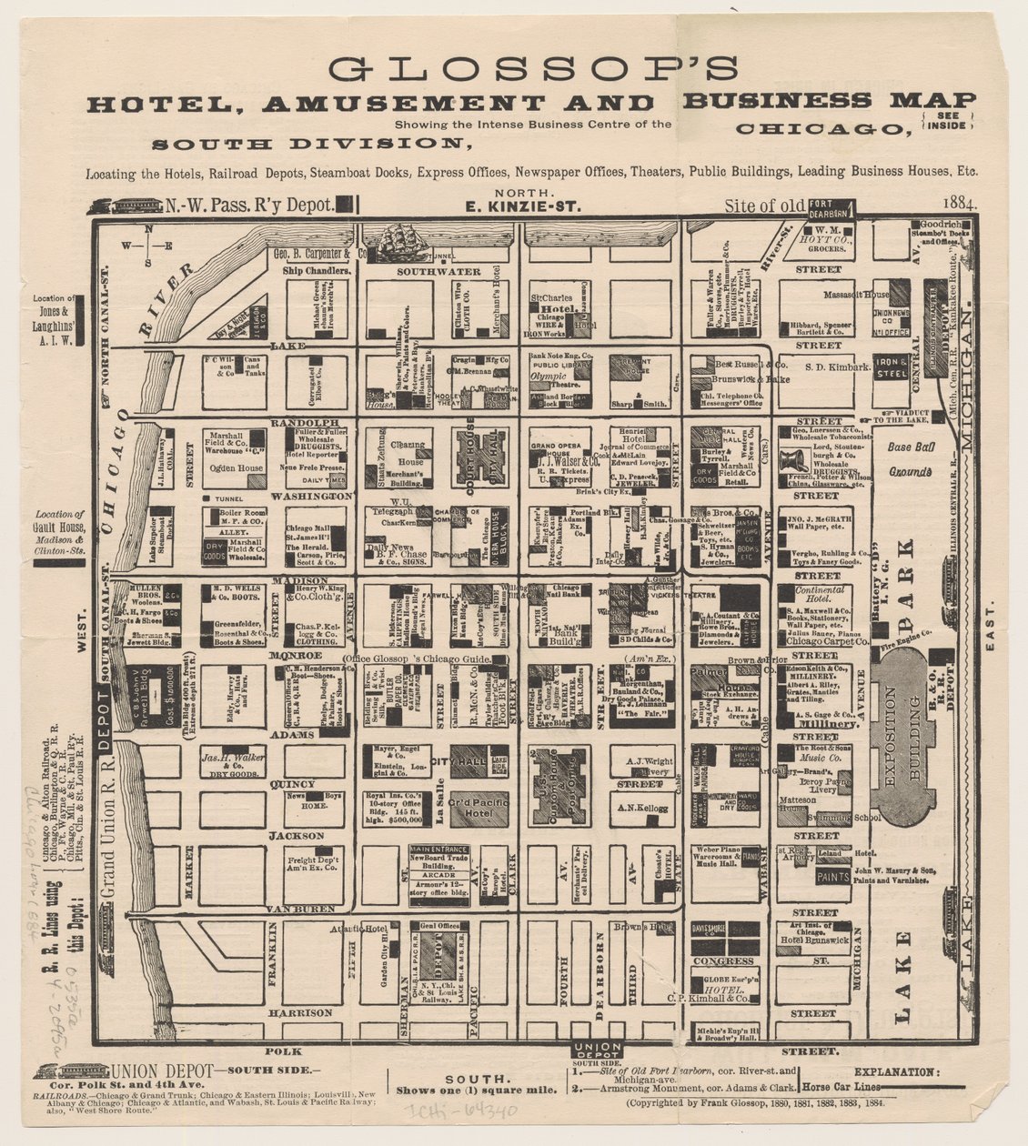 Glossops Hotel, huvi- ja yrityskartta, n. 1884 tekijältä American School
