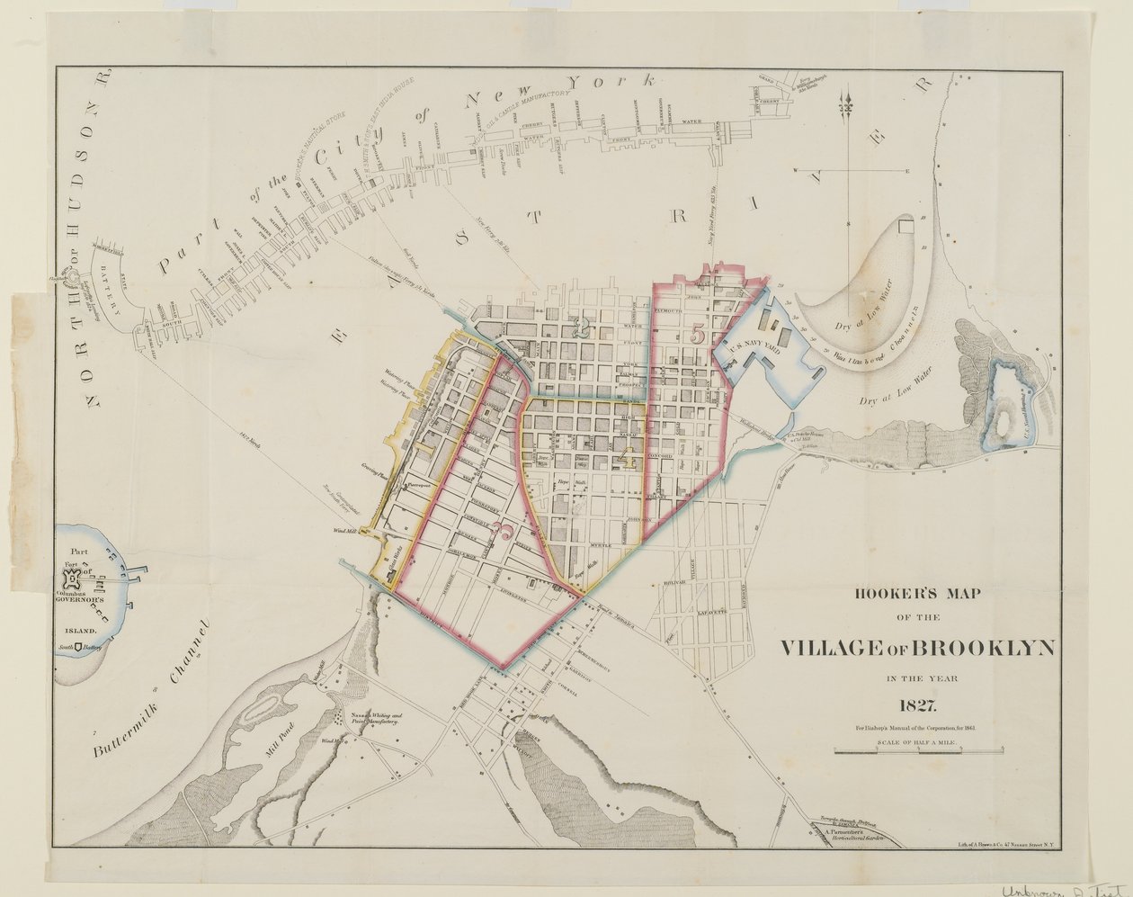 Hookersin kartta Brooklynin kylästä, 1861 (kaiverrus wc:llä) tekijältä American School
