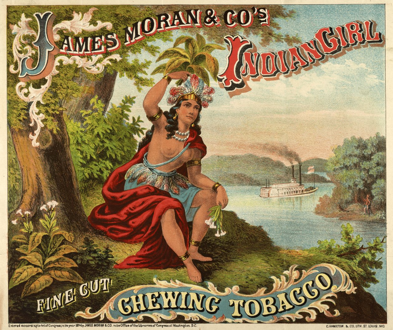James Moran & Co.s Indian Girl Fine Cut Chewing Tobacco, pub., n. 1874 (värilitro). tekijältä American School