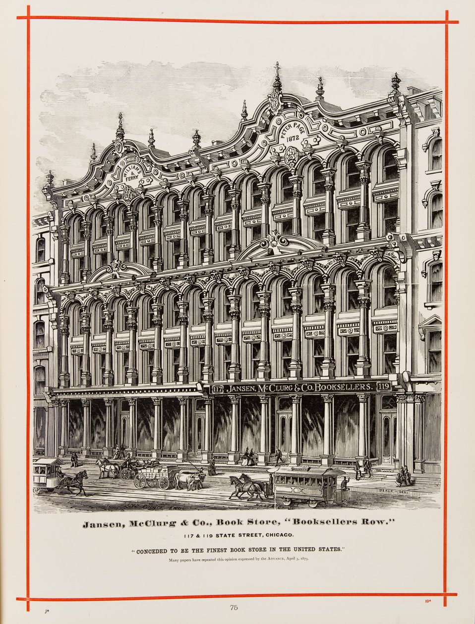 Jansen, McClurg and Company kirjakauppa osoitteessa 117 ja 119 State St., Chicago. Kuvitus teoksessa The Merchants and Manufacturers of Chicago Illustrated, 1873 tekijältä American School