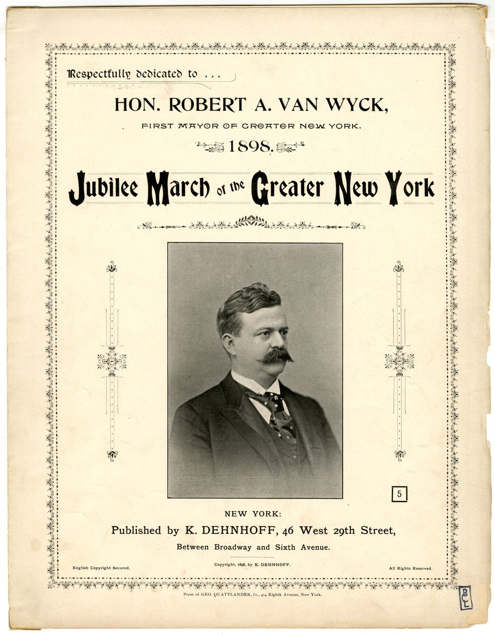 Jubilee March of Greater New York [nuottien kansi], 1898 (litografia [nuottien kansi]) tekijältä American School