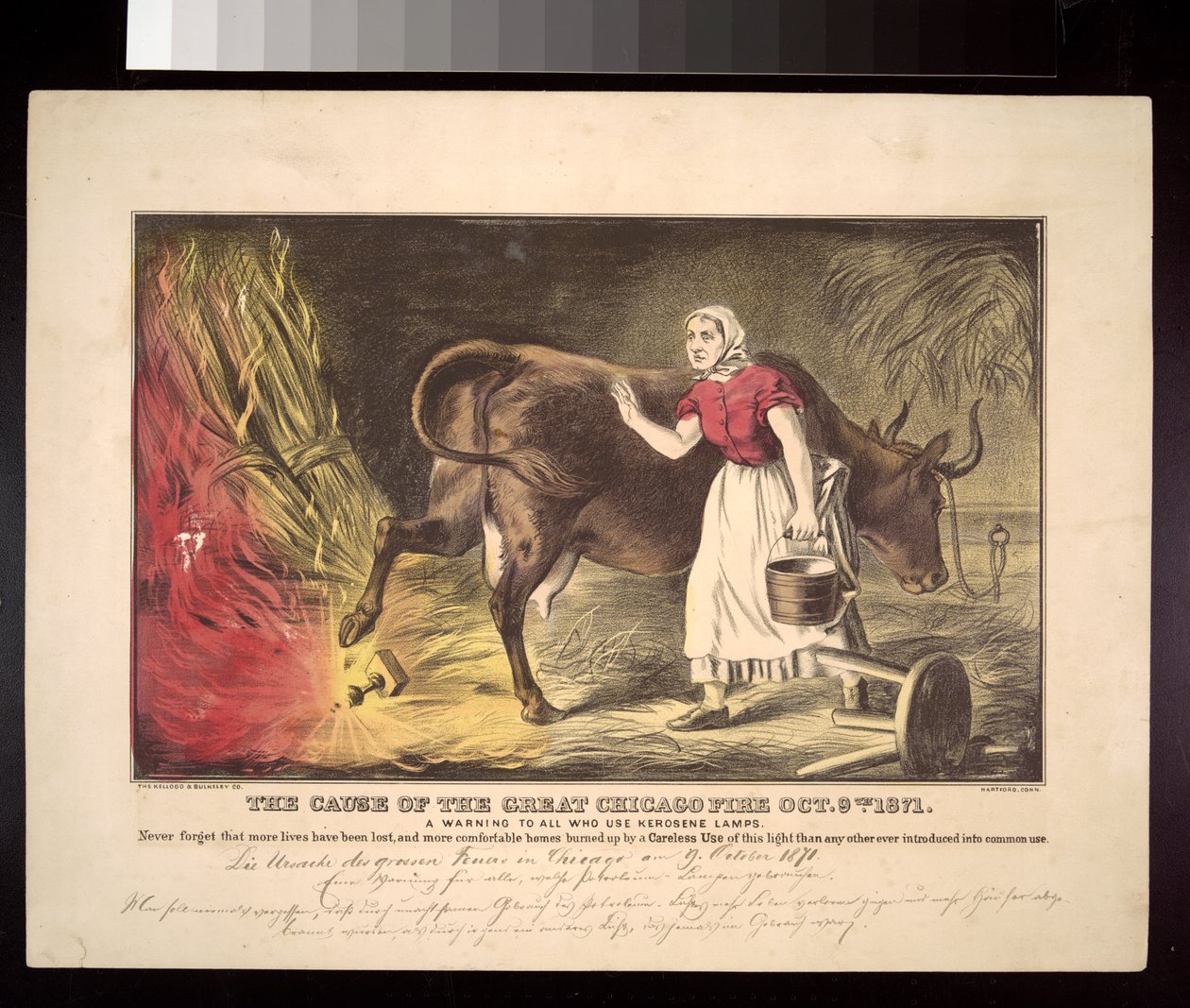 Kate OLeary lehmän kanssa lyhdyn kaatamassa, Chicagon tulipalon myyttinen alku 1871, noin 1872 tekijältä American School