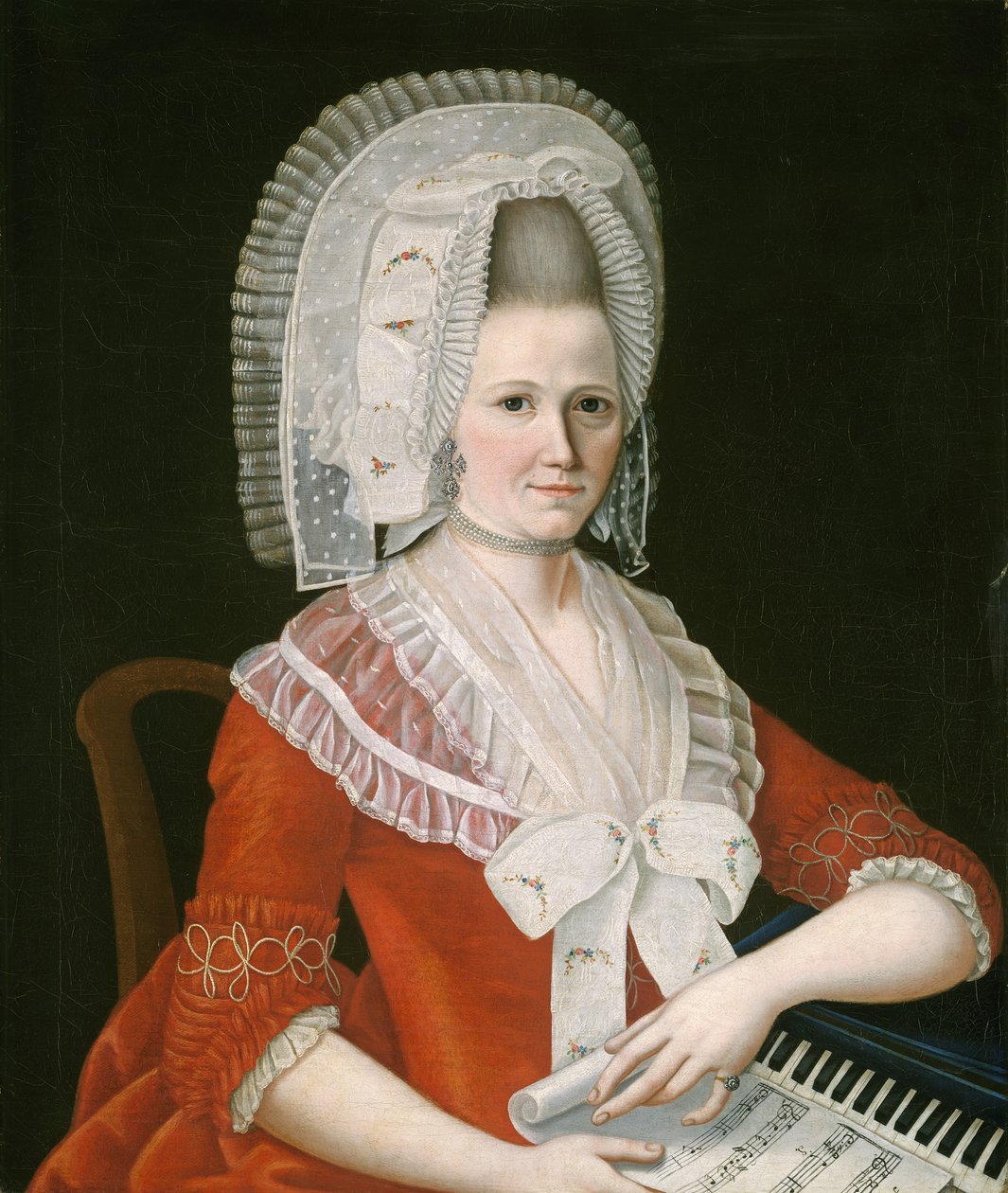 Nainen, jolla on suuri valkoinen lippalakki, n. 1780 tekijältä American School