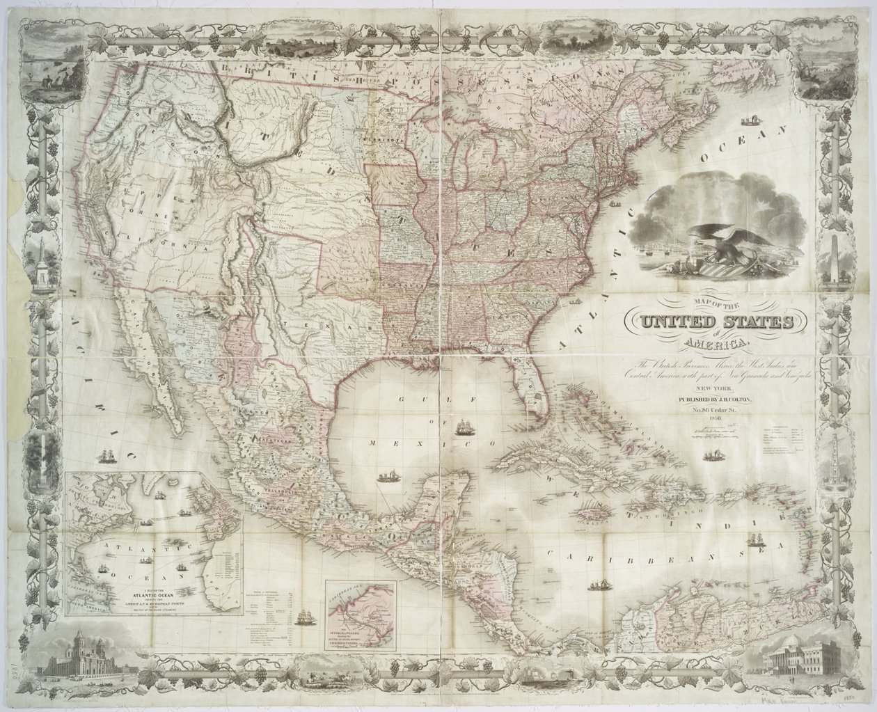Yhdysvaltojen, Britannian provinssien, Meksikon, Länsi-Intian ja Keski-Amerikan kartta, 1850 (käsin värillinen painatus) tekijältä American School