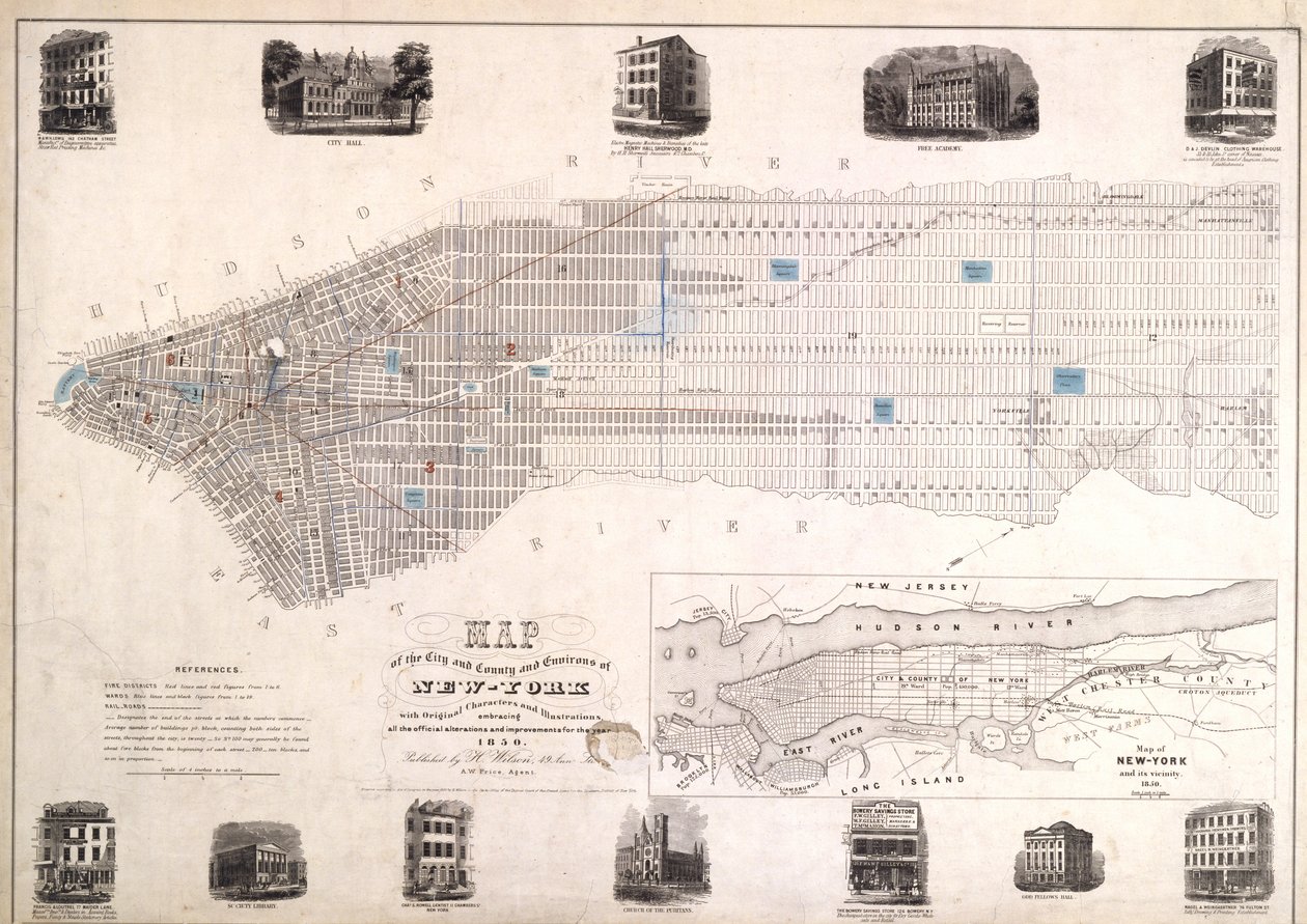Kartta New Yorkin kaupungin ja piirikunnan ympäristöstä alkuperäisillä merkeillä ja kuvituksella, 1850, 1850 (musta muste paperille, taustakangas) tekijältä American School