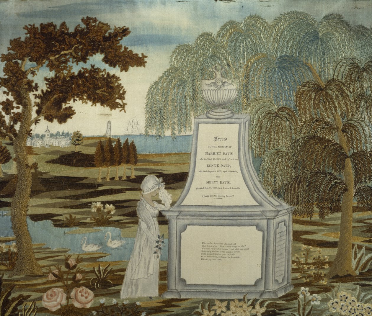 Brodeerattu muistokuva, päivätty 1807, työstetty 1820-1826 (silkki, muste, paperi ja akvarelli) tekijältä American School